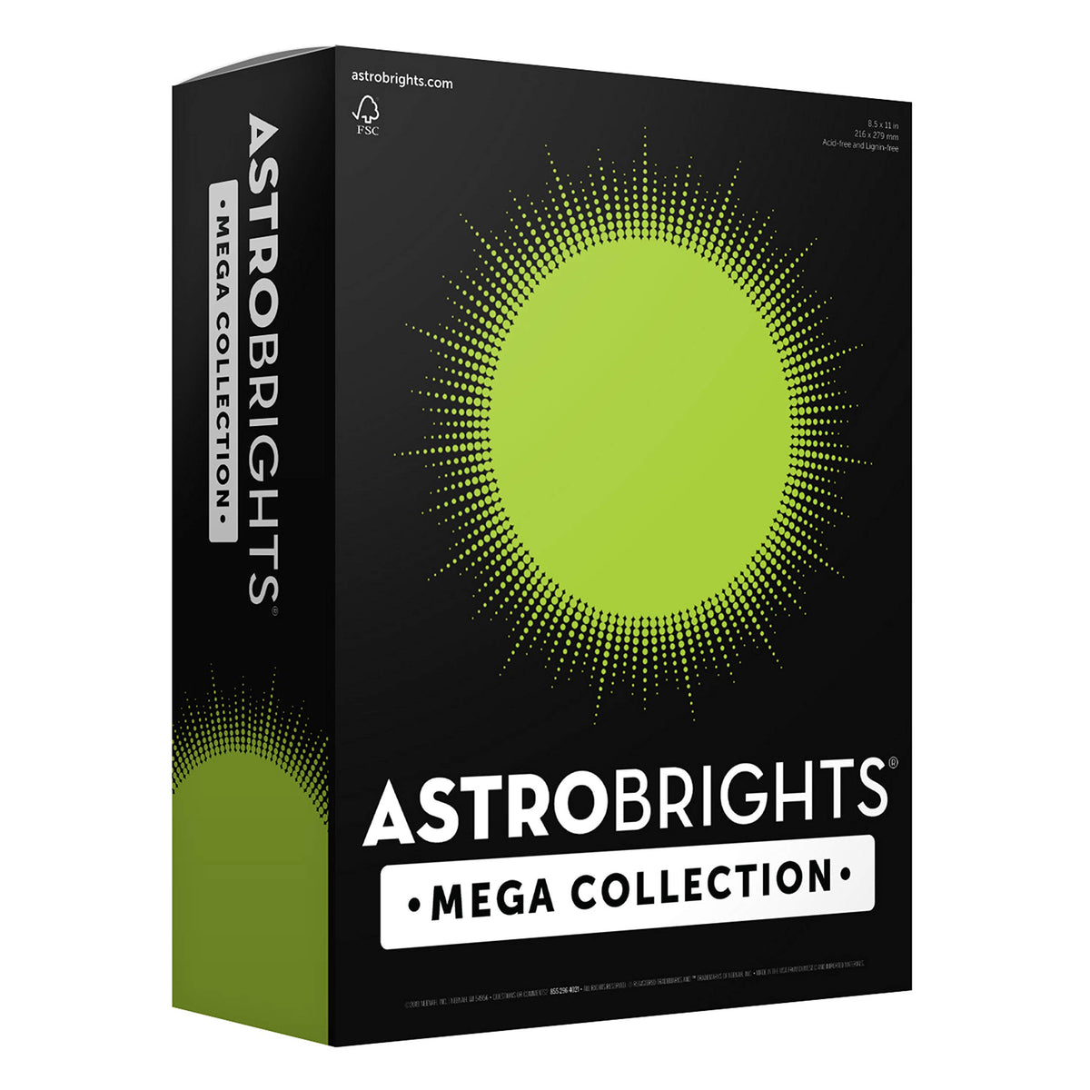 Astrobrights paquete frontal mostrando 625 hojas y color vibrante para impacto visual