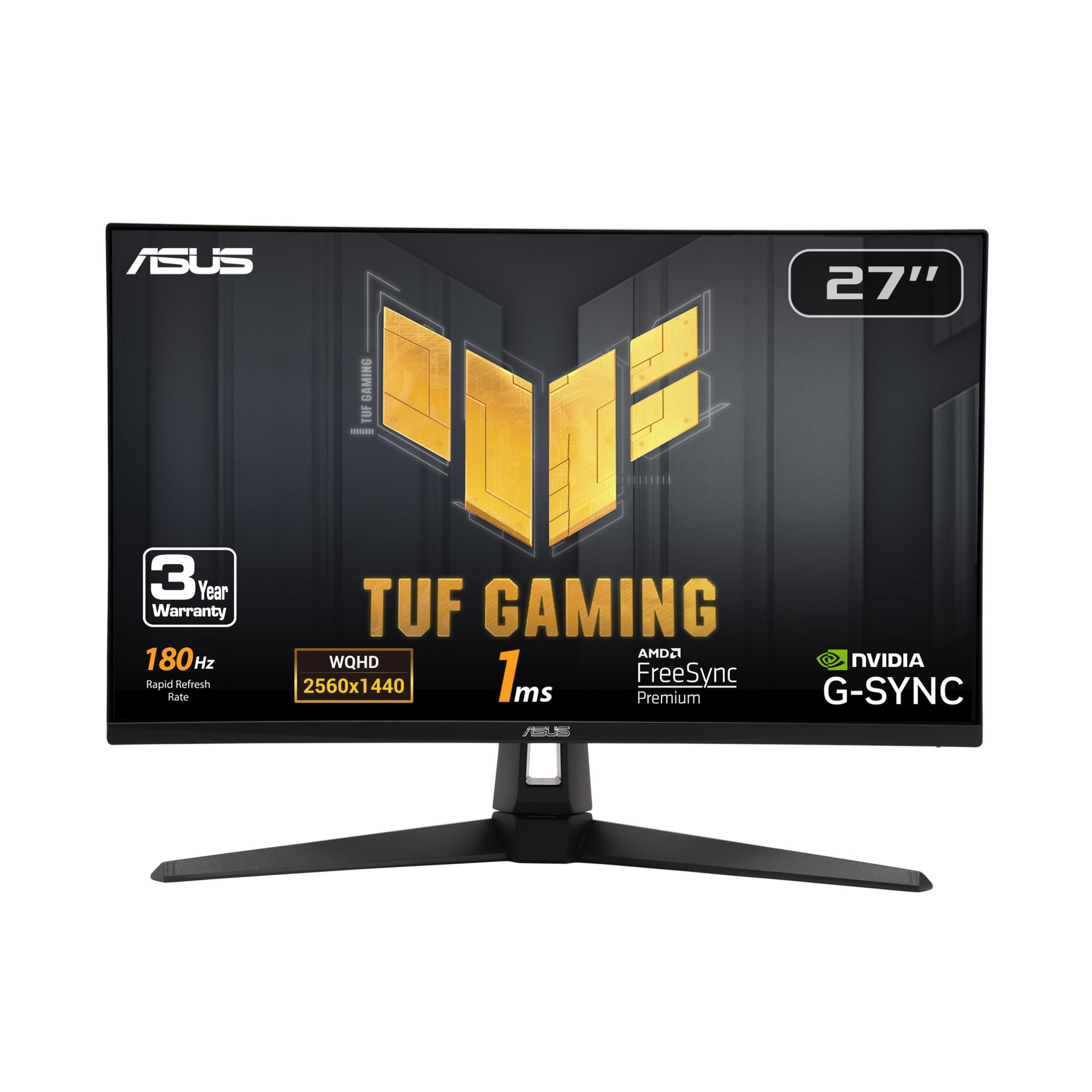 ASUS monitor VG27AQ3A frontal mostrando pantalla nítida y beneficios de 180Hz