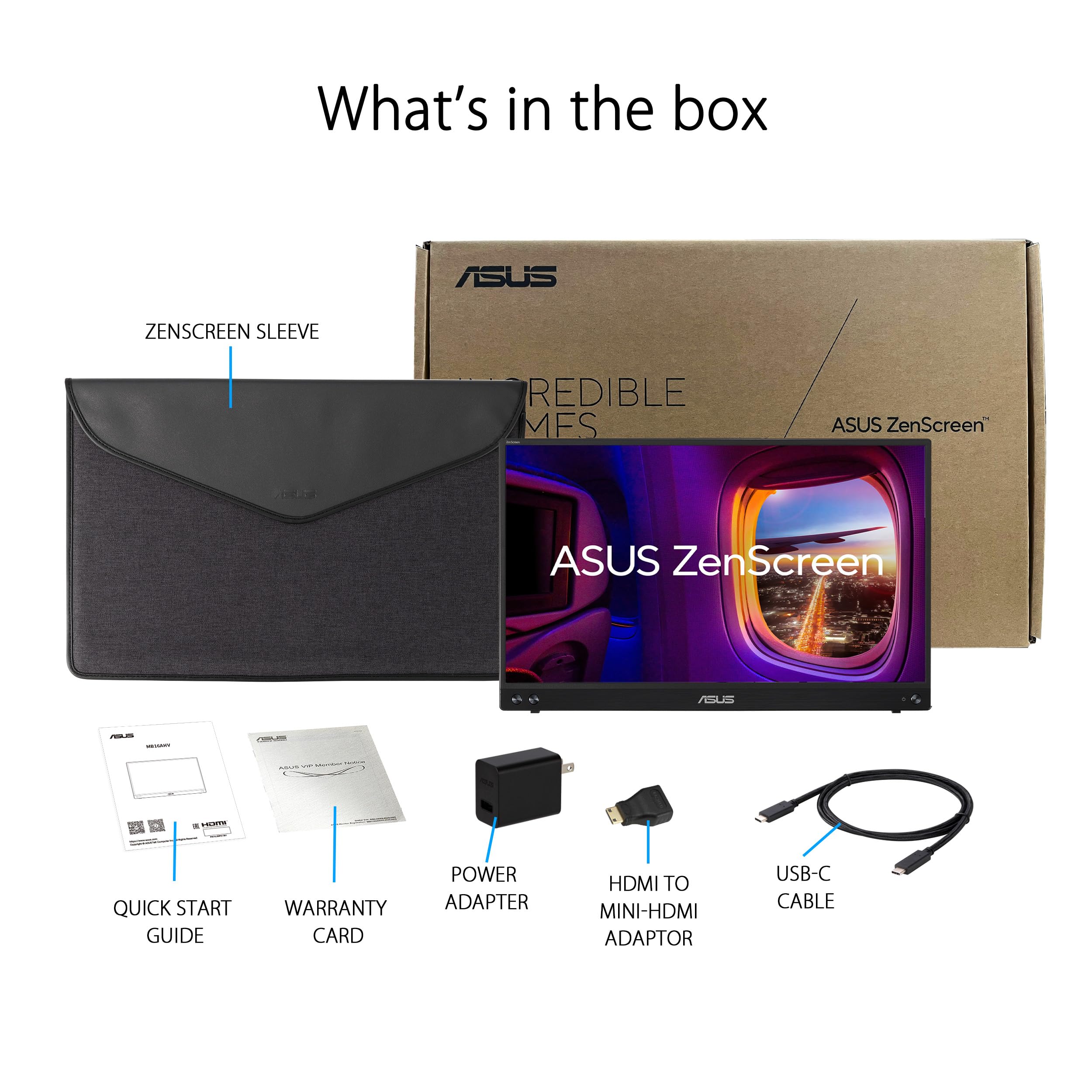 ASUS ZenScreen MB16AHV mostrando puertos USB-C y mini-HDMI para conexión rápida