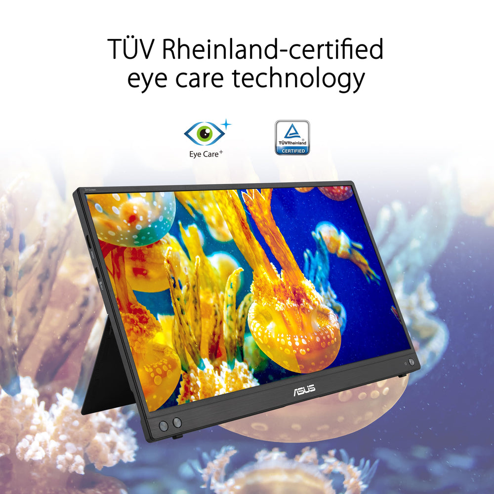 ASUS ZenScreen MB16AHV con kickstand desplegado para postura ergonómica