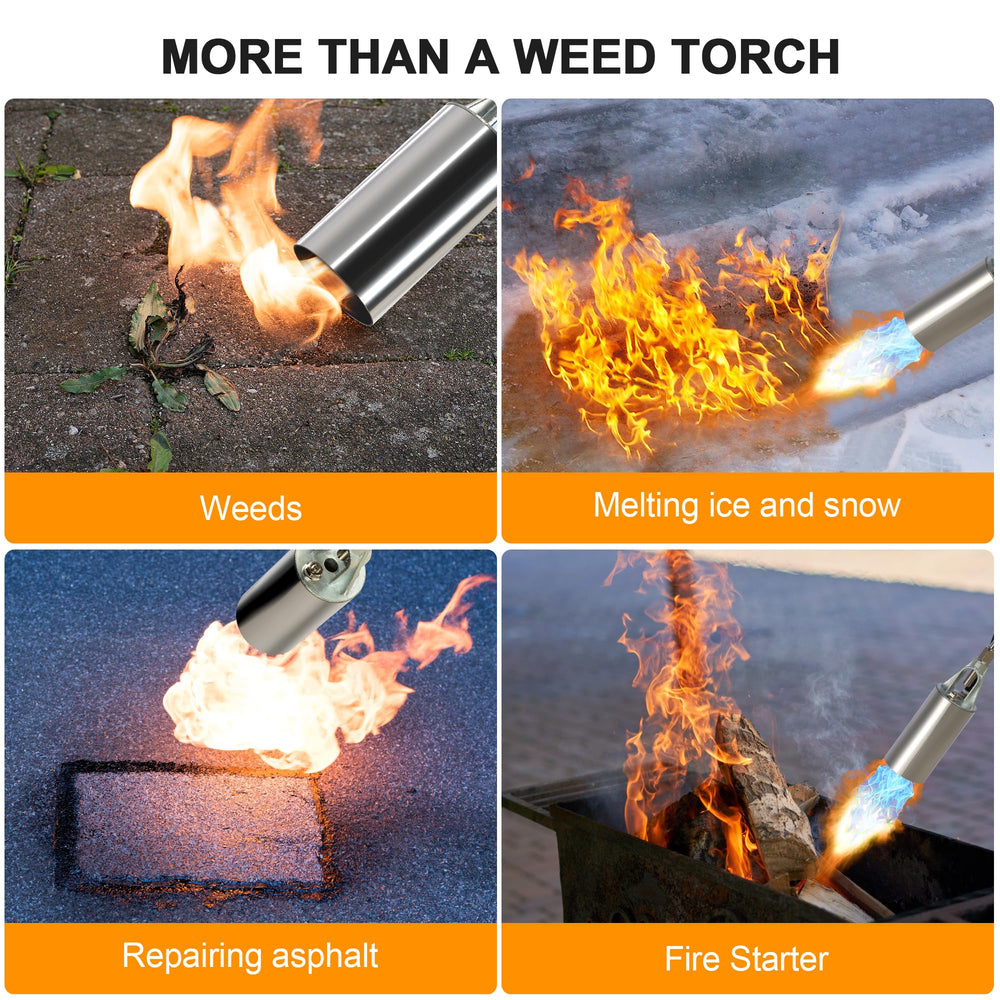 Athnevy garden lifestyle scene showing torch clearing driveway weeds for faster yard work