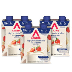 Atkins batido fresa vista frontal con etiqueta clara y beneficios nutricionales