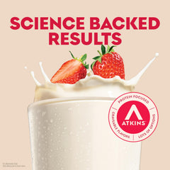 Atkins batido fresa persona sosteniendo envase listo para llevar y ahorrar tiempo