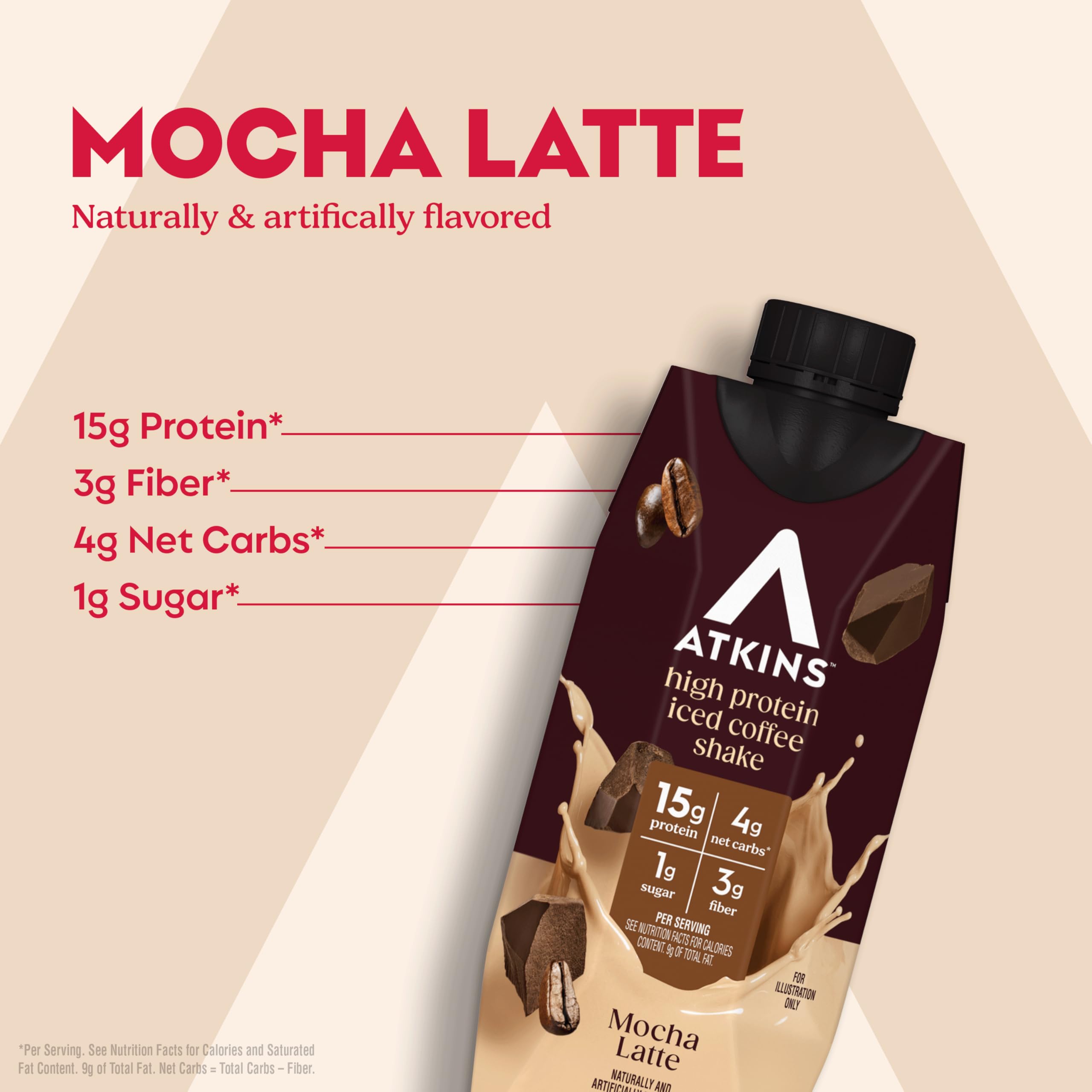 Atkins bottle close-up showing label and creamy texture for satisfying flavor