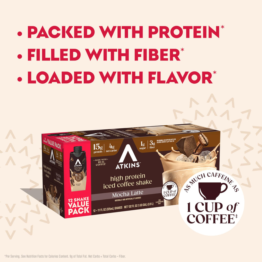 Atkins bottle beside coffee beans showing authentic coffee flavor and low carbs