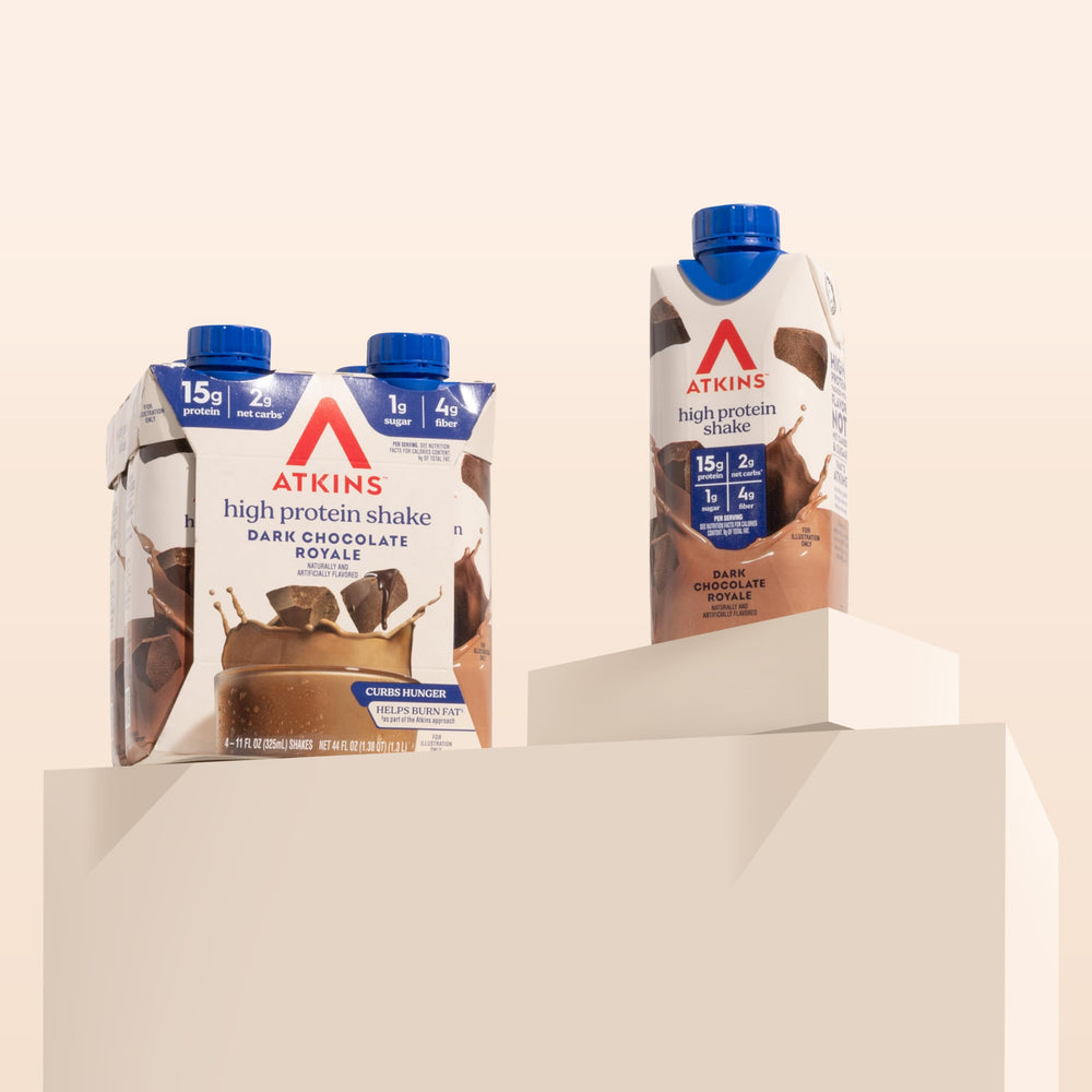 Atkins shake on breakfast table demonstrating quick, on-the-go nutrition