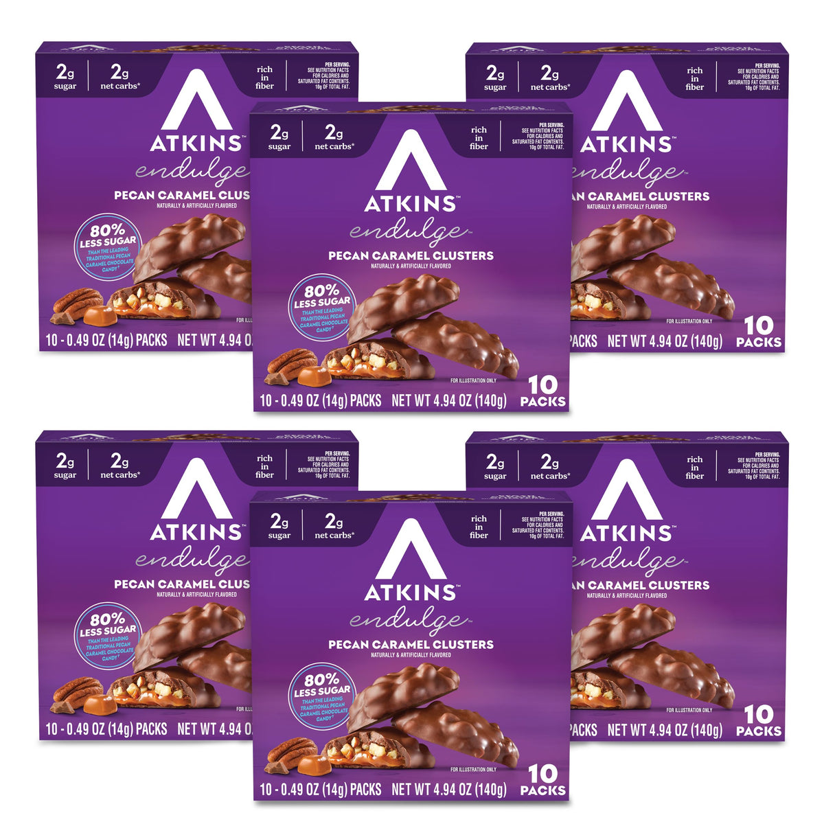 Atkins vista frontal del empaque mostrando unidades y beneficios bajos en carbohidratos