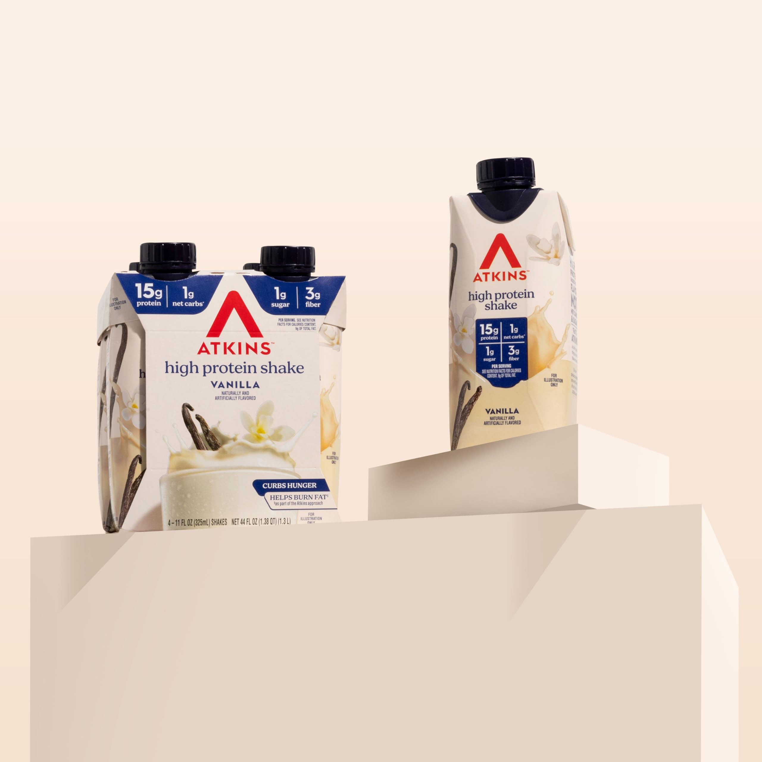 Atkins etiqueta nutricional cercana destacando proteínas y carbohidratos