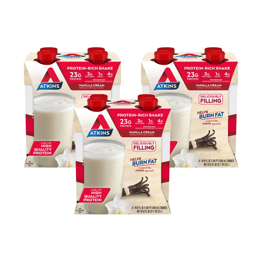 Atkins frente del empaque mostrando porción y sabor vainilla crema para conveniencia