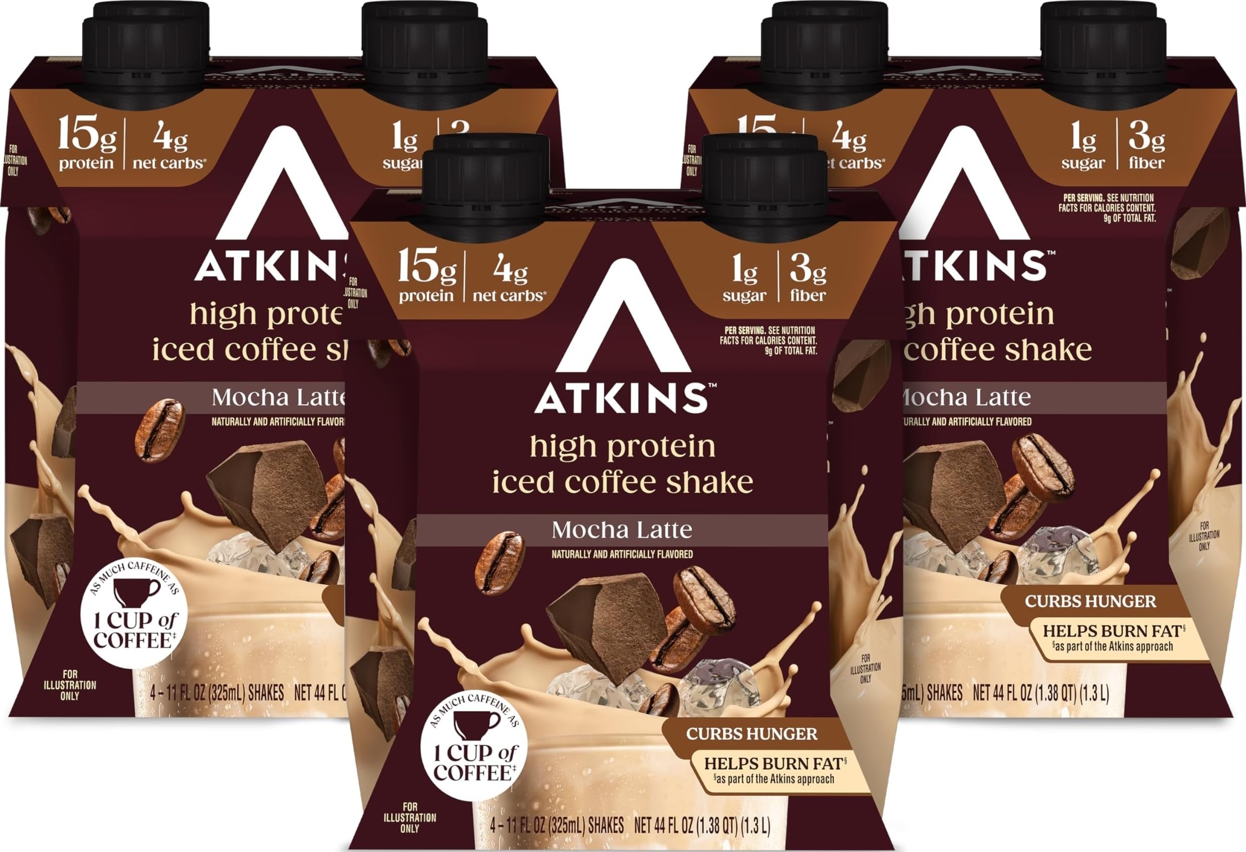 Atkins front packaging showing 12-count convenience and mocha latte flavor benefits