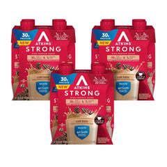 Atkins front bottle showing café latte flavor and protein benefits