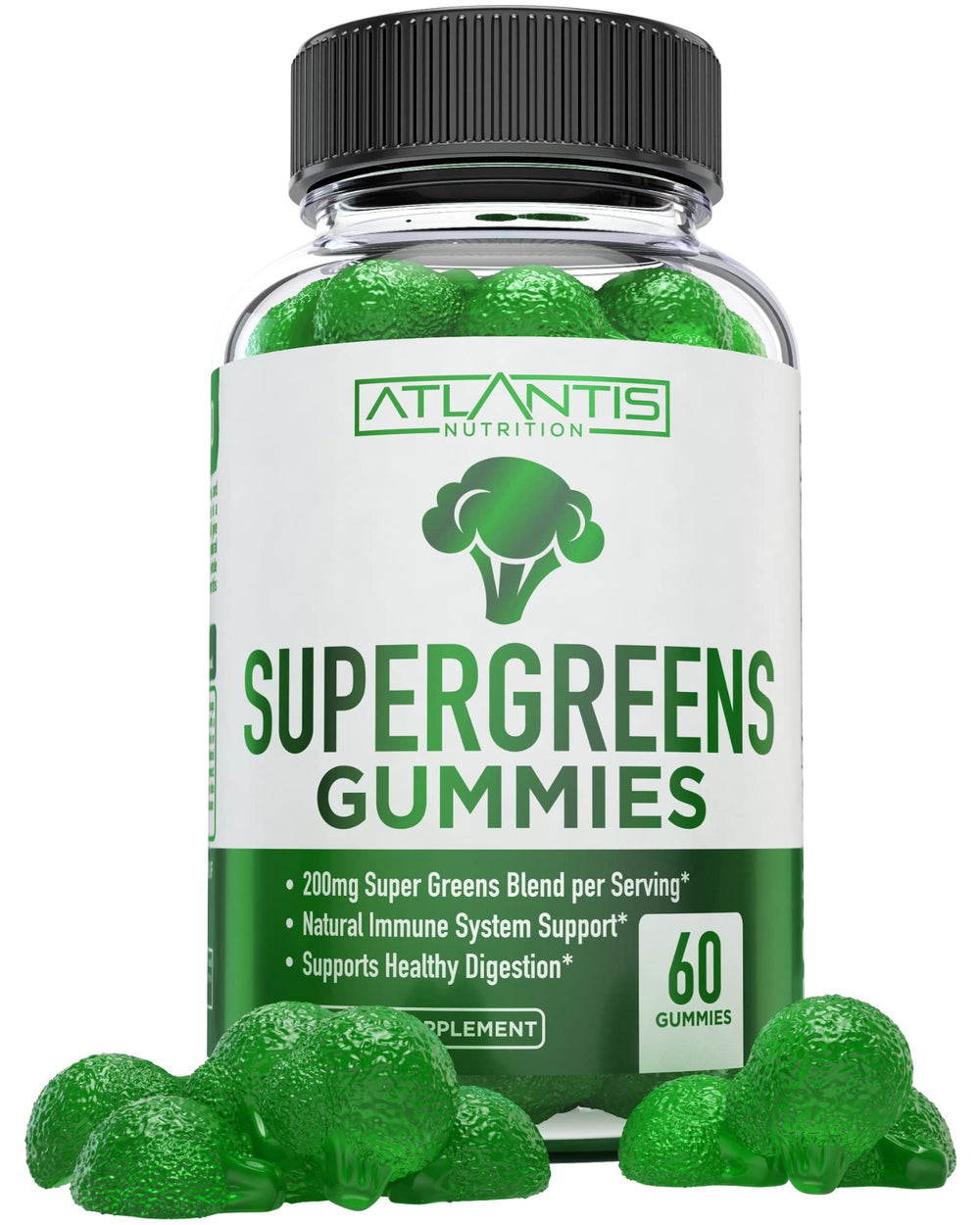 Atlantis Nutrition frasco frontal mostrando gominolas Supergreens para consumo diario
