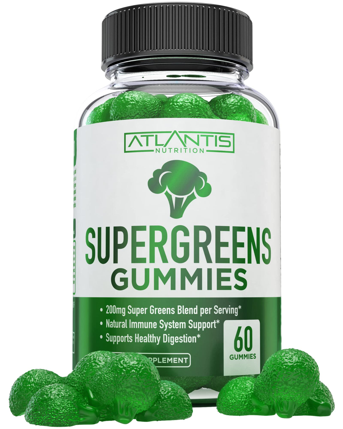 Atlantis Nutrition frasco frontal mostrando gominolas Supergreens para consumo diario