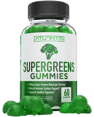 Atlantis Nutrition frasco frontal mostrando gominolas Supergreens para consumo diario