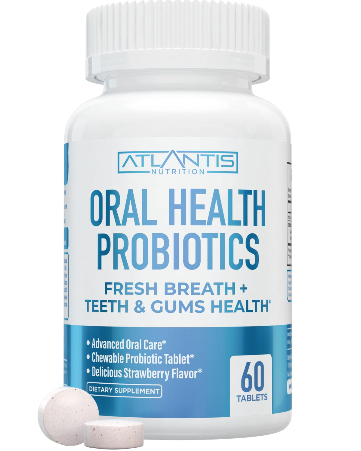 Atlantis Nutrition envase frontal mostrando 60 tabletas y sabor fresa