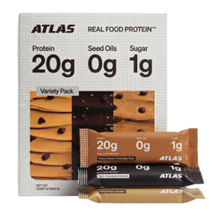 Atlas Protein Bar frente del envase mostrando ingredientes reales y beneficios
