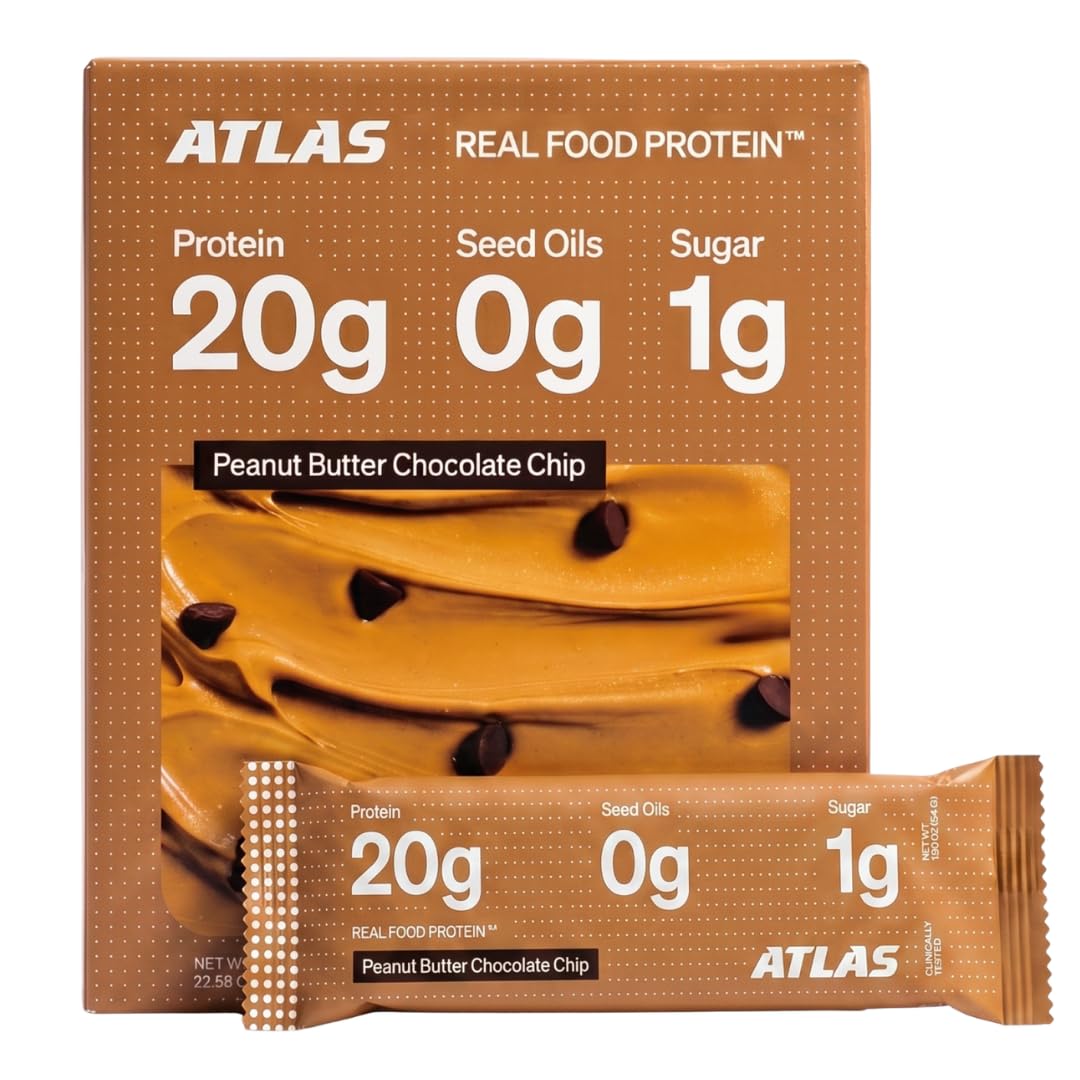 Atlas Protein Bar frente del envase mostrando ingredientes y beneficios