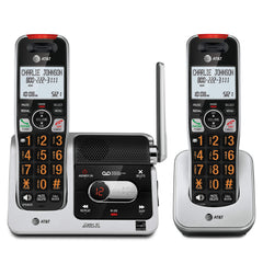 AT&T frontal del sistema mostrando la base y dos auriculares, claridad y alcance