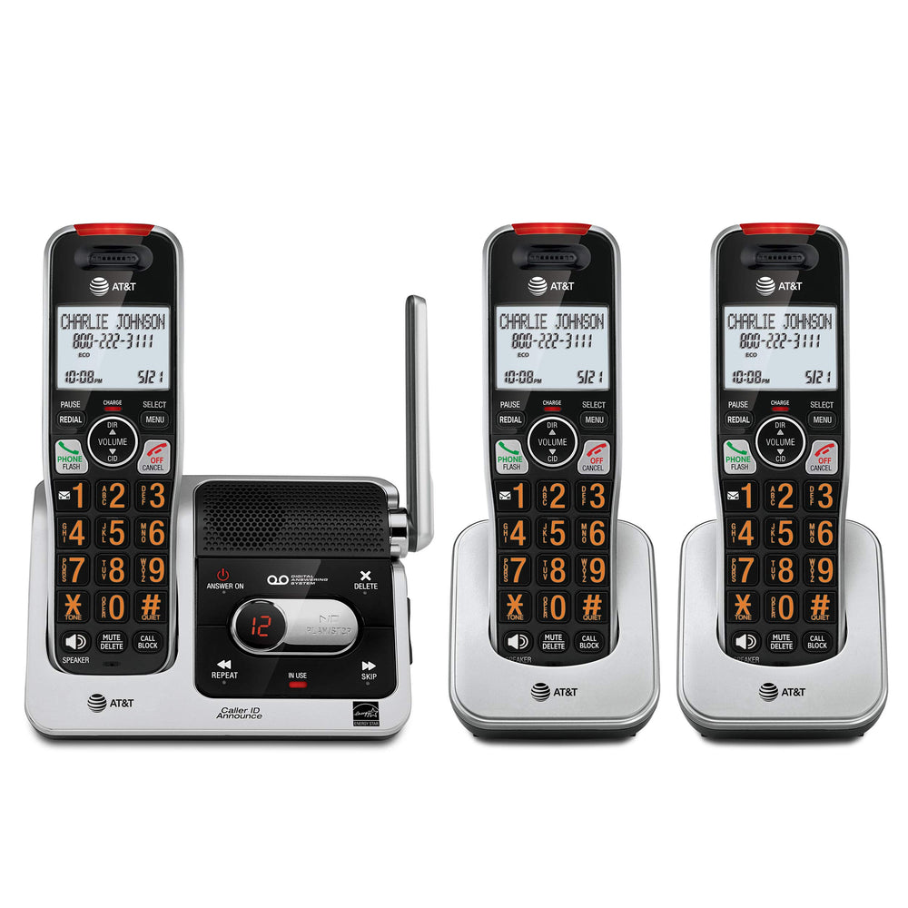 AT&T frontal del conjunto BL102-3 en plata y negro mostrando los tres auriculares y la base, claridad visual
