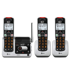 AT&T frontal del conjunto BL102-3 en plata y negro mostrando los tres auriculares y la base, claridad visual