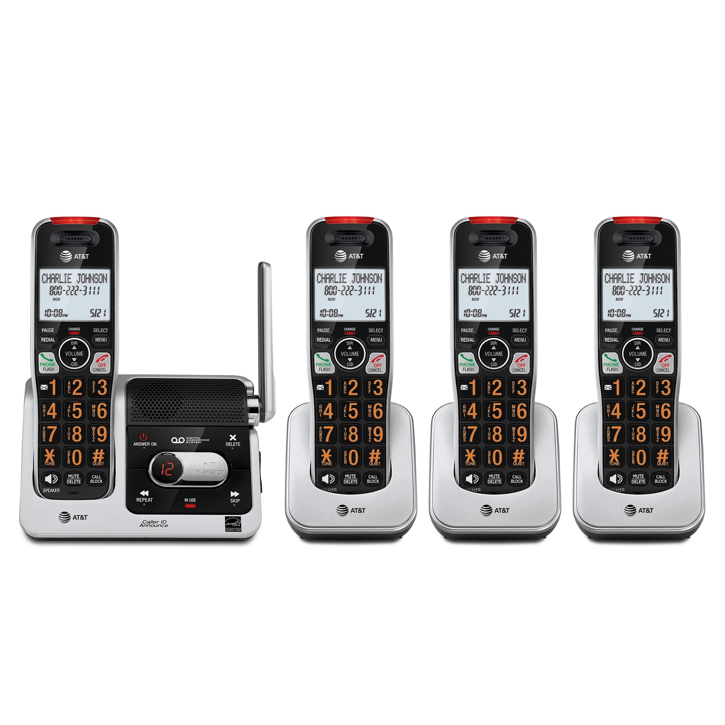 AT&T vista frontal del conjunto con cuatro auriculares y base, claro y ordenado