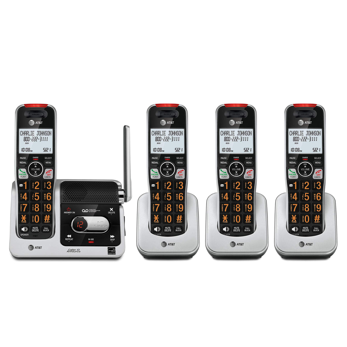 AT&T vista frontal del conjunto con cuatro auriculares y base, claro y ordenado