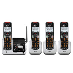 AT&T vista frontal del conjunto con cuatro auriculares y base, claro y ordenado