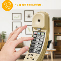 AT&T primer plano del auricular del TRIMLINE 210 mostrando botonera y comfort