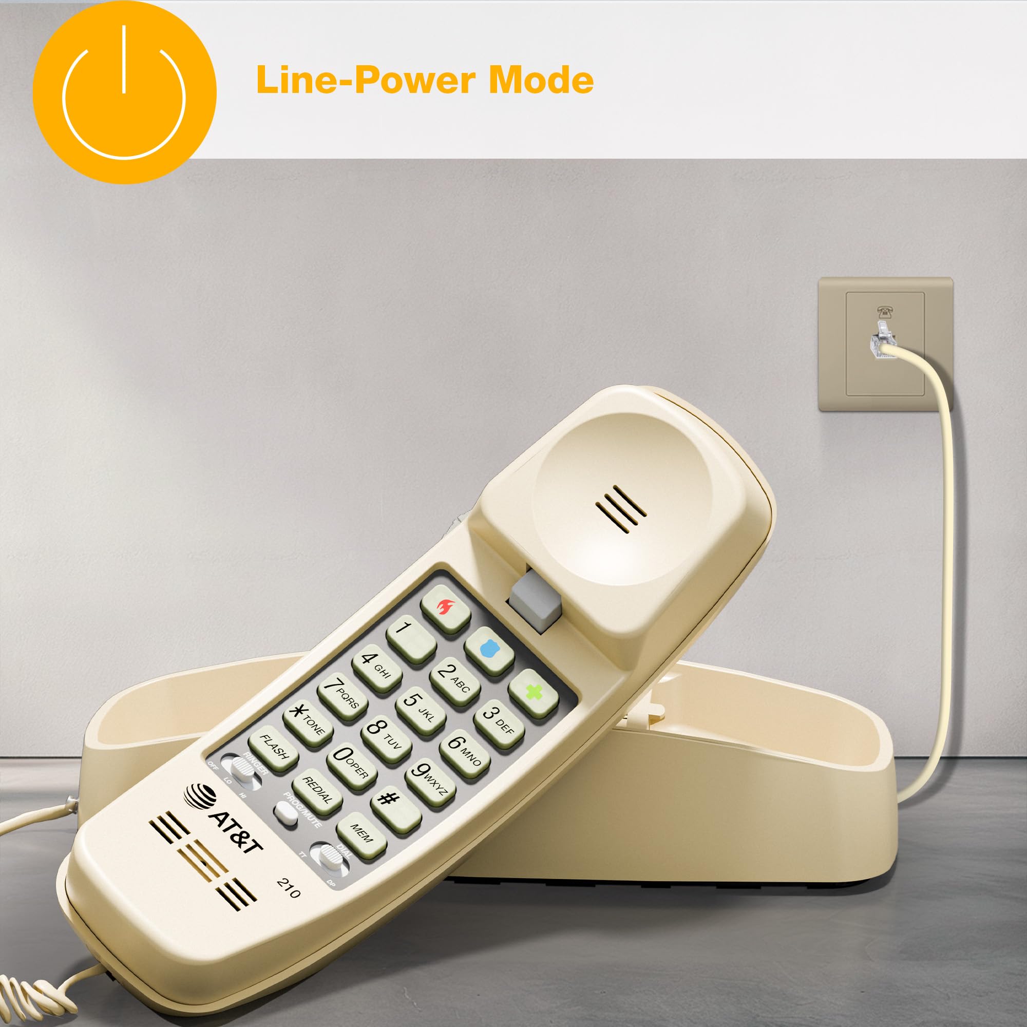 AT&T perfil de la base TRIMLINE 210 mostrando conector y controles laterales