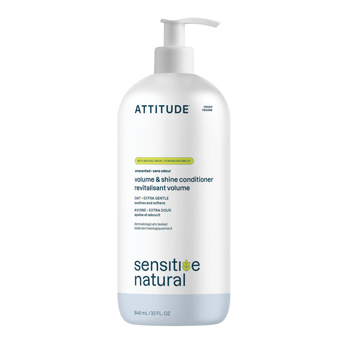 ATTITUDE botella frontal mostrando diseño y volumen del acondicionador