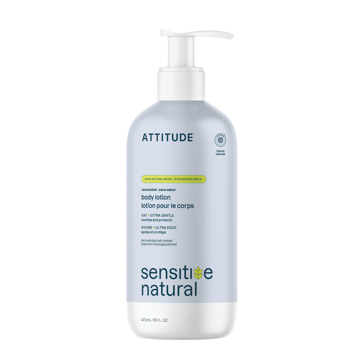 ATTITUDE envase frontal mostrando la loción sin fragancia y su tamaño práctico