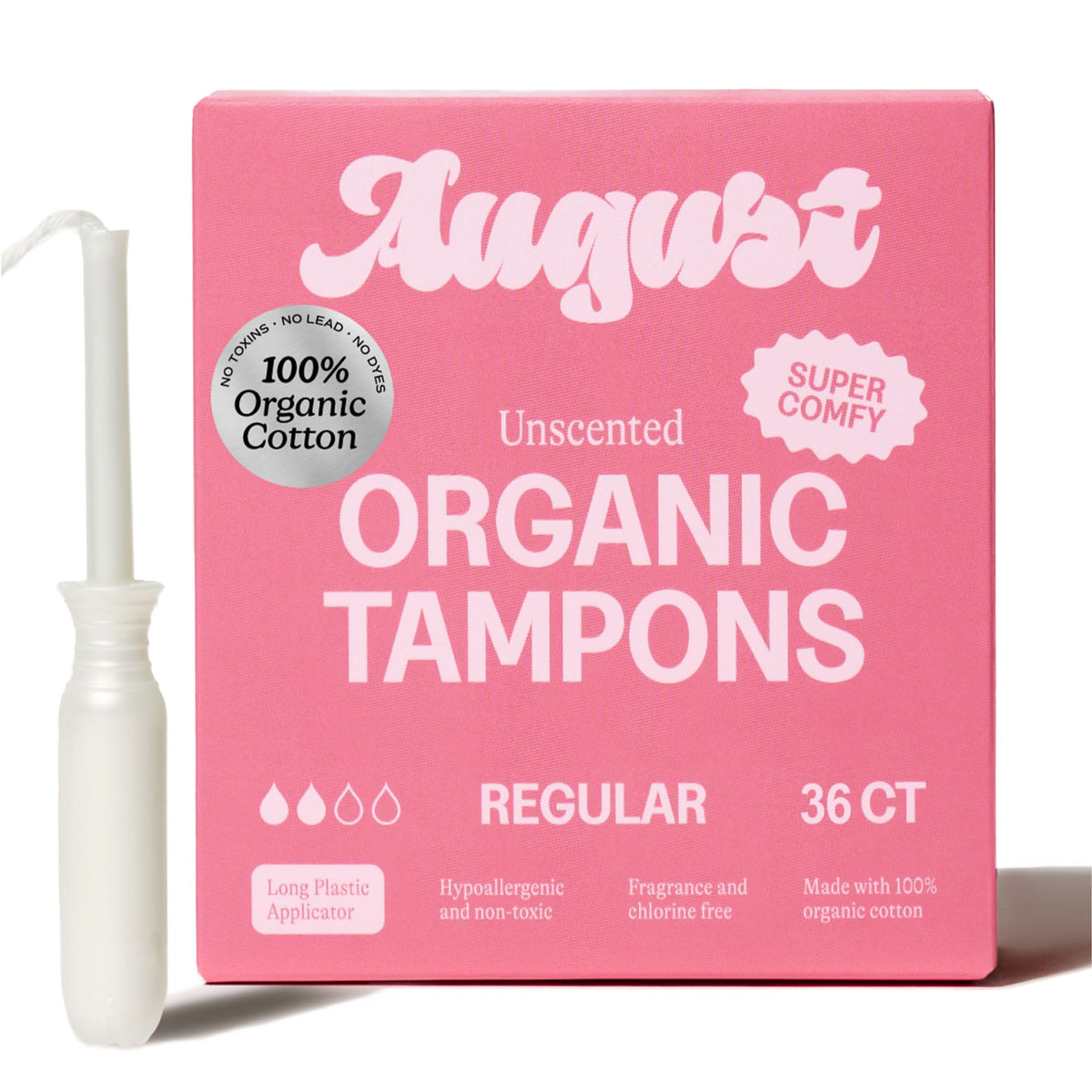 August pack frontal de 36 tampones orgánicos, protección cómoda y sin fragancia
