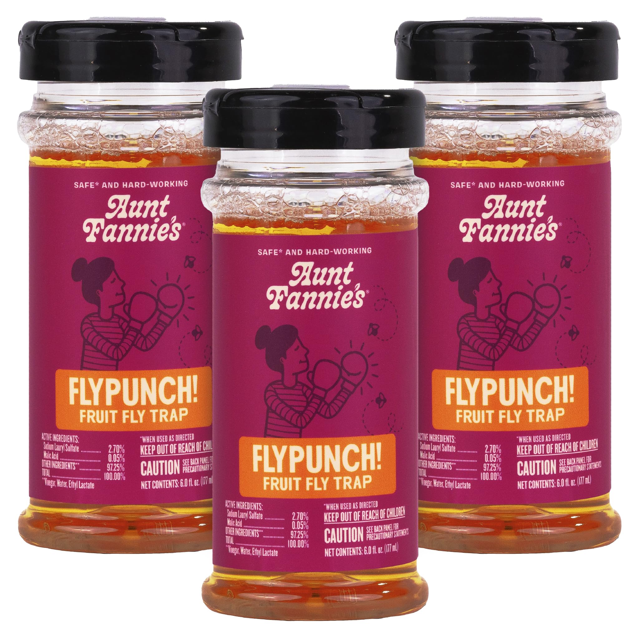 Aunt Fannie's envase frontal FlyPunch mostrando el diseño y beneficio de fácil uso