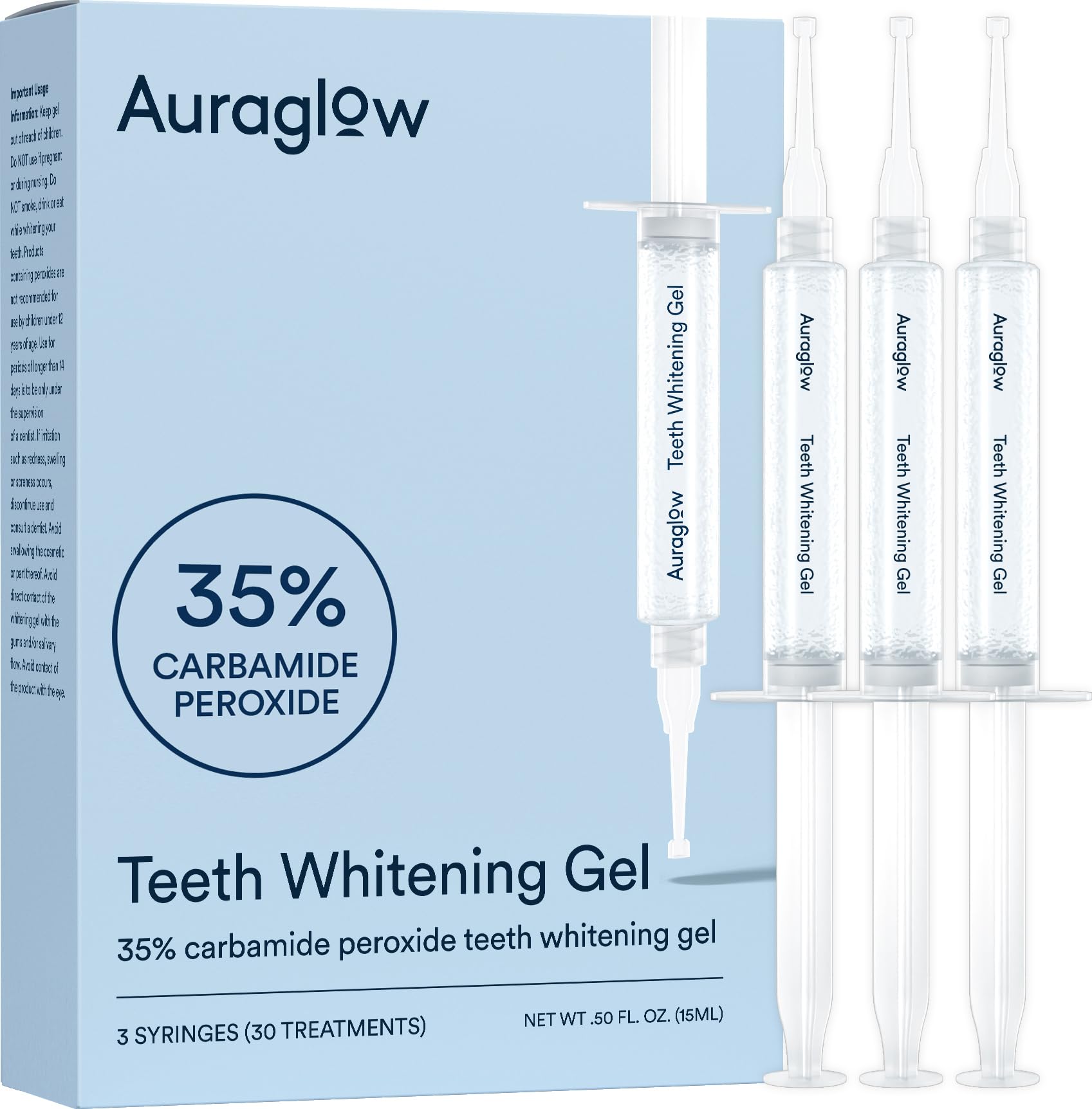 AURAGLOW frente del empaque mostrando las tres jeringas y beneficios
