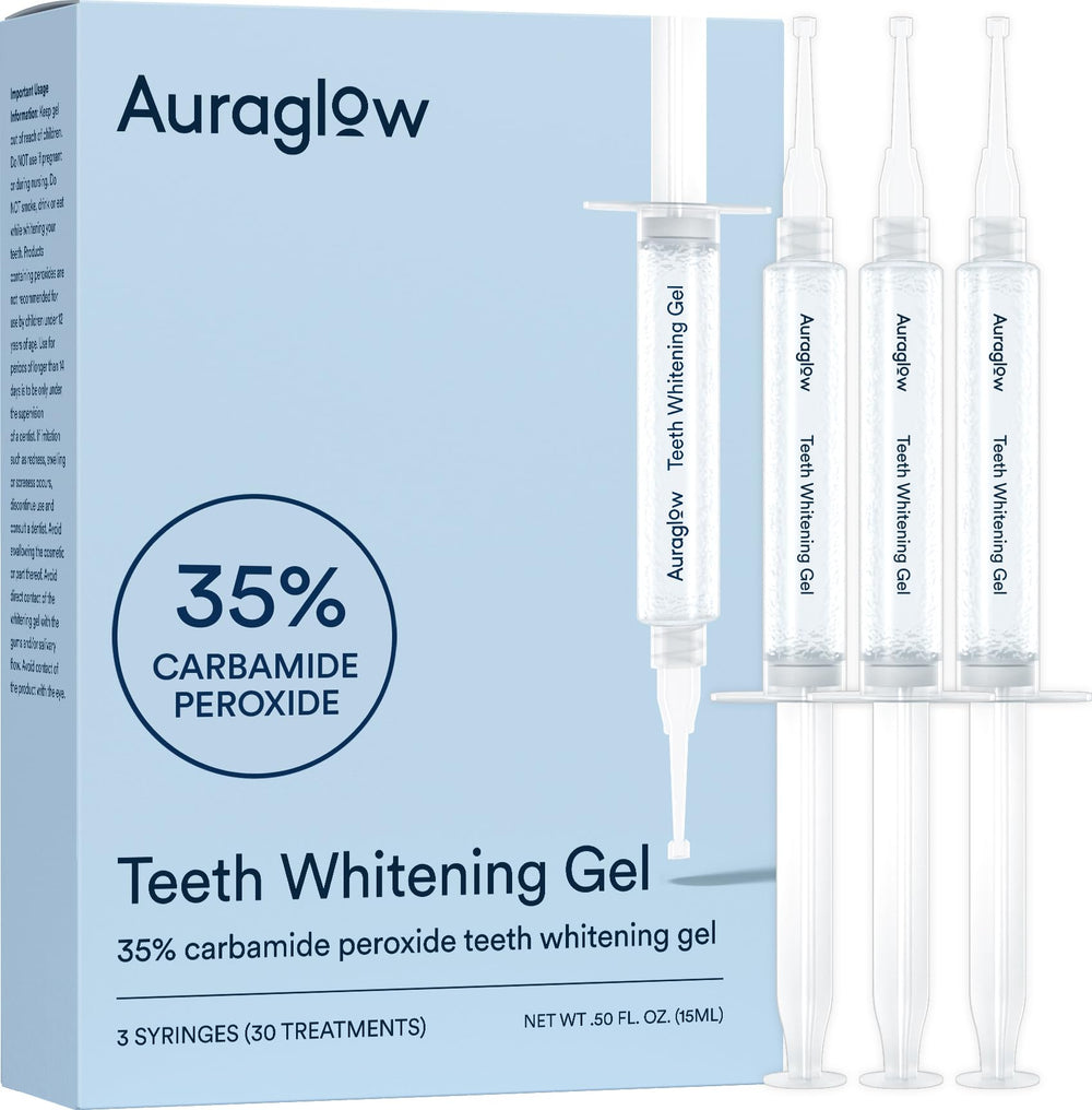 AURAGLOW frente del empaque mostrando las tres jeringas y beneficios