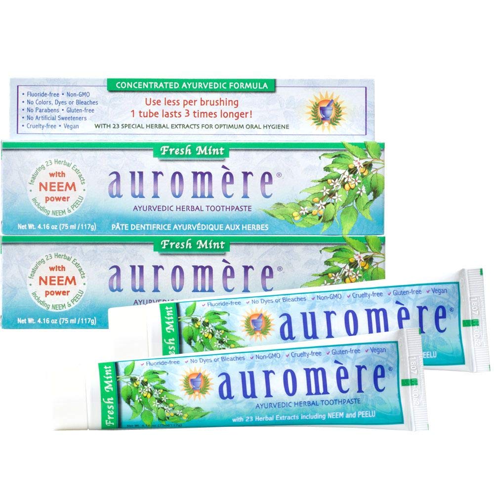 Auromere frente del tubo de pasta dental mostrando el diseño y frescura