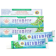 Auromere frente del tubo de pasta dental mostrando el diseño y frescura