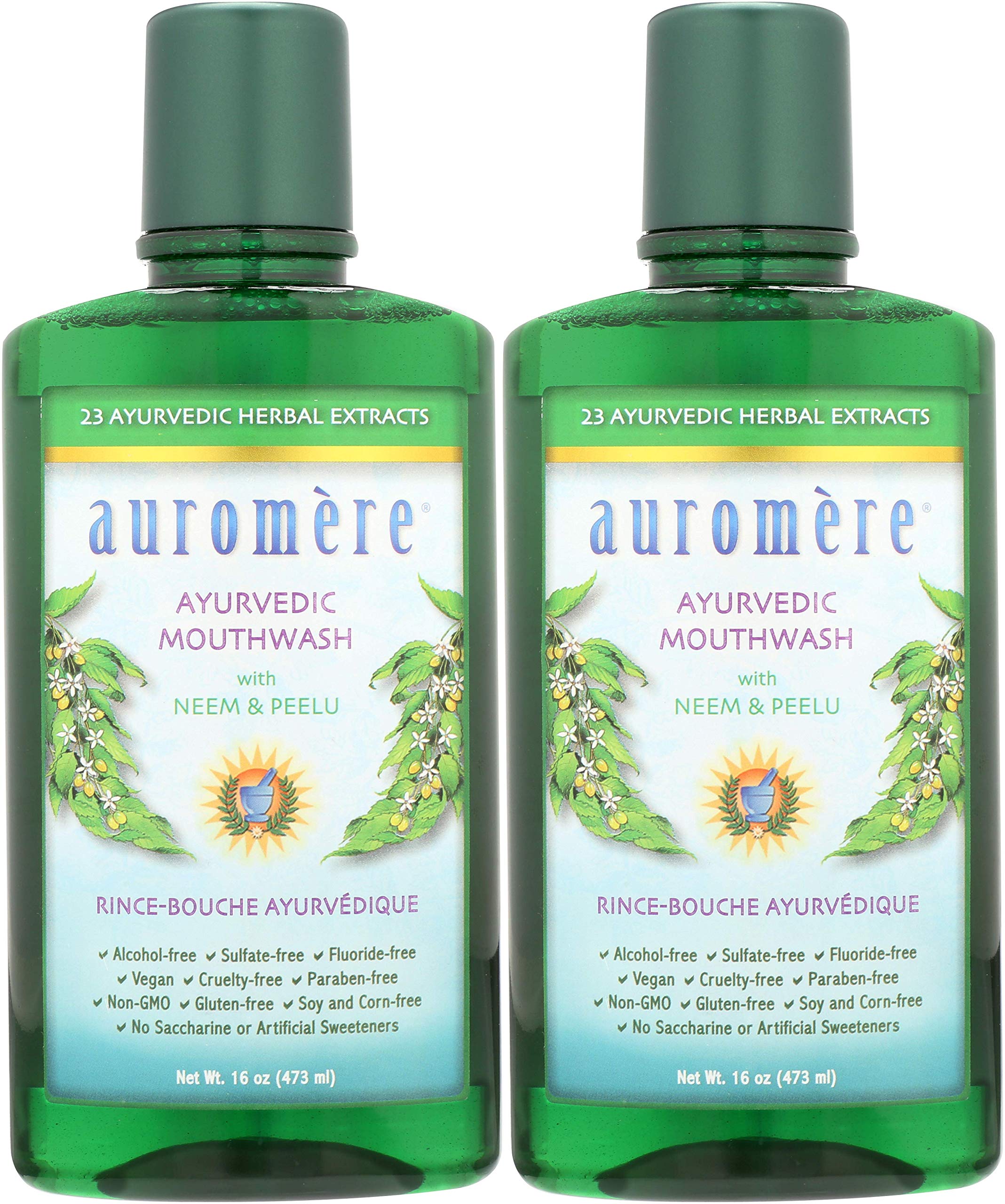 Auromere botella frontal mostrando etiqueta y beneficios naturales