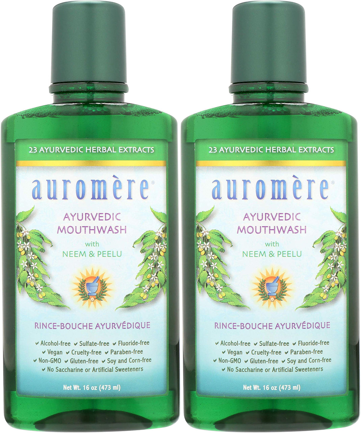 Auromere botella frontal mostrando etiqueta y beneficios naturales