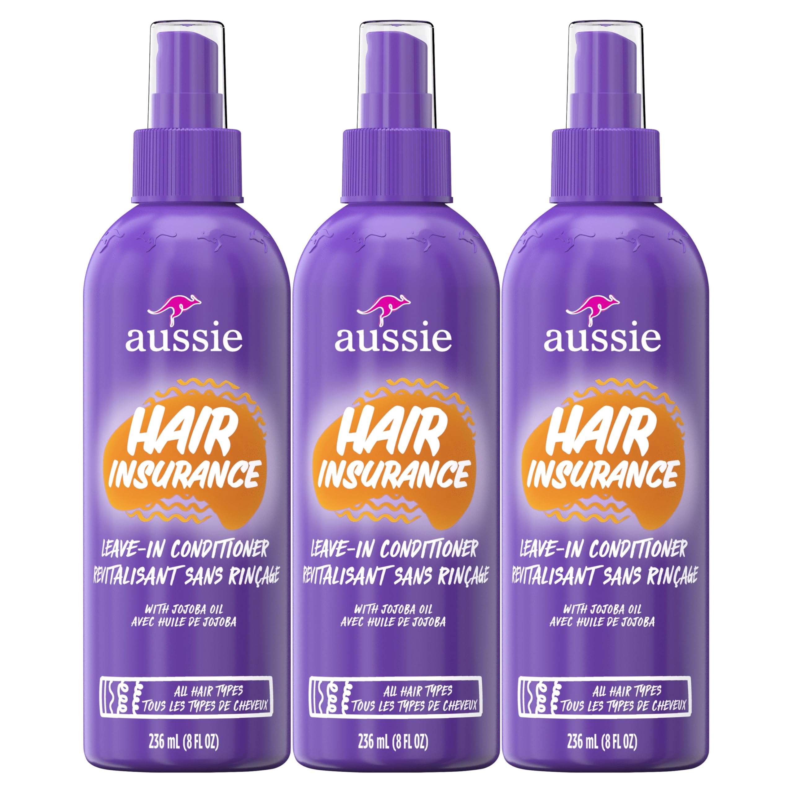 Aussie presentación frontal del spray mostrando etiqueta y tamaño práctico