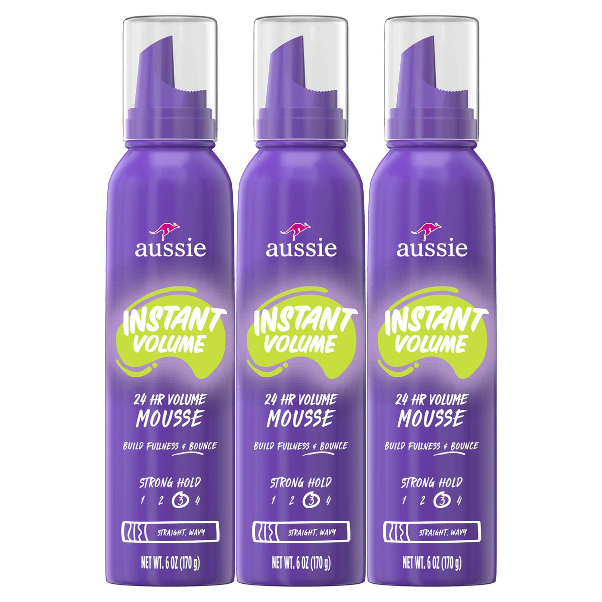 Aussie mousse frontal del pack mostrando diseño y volumen