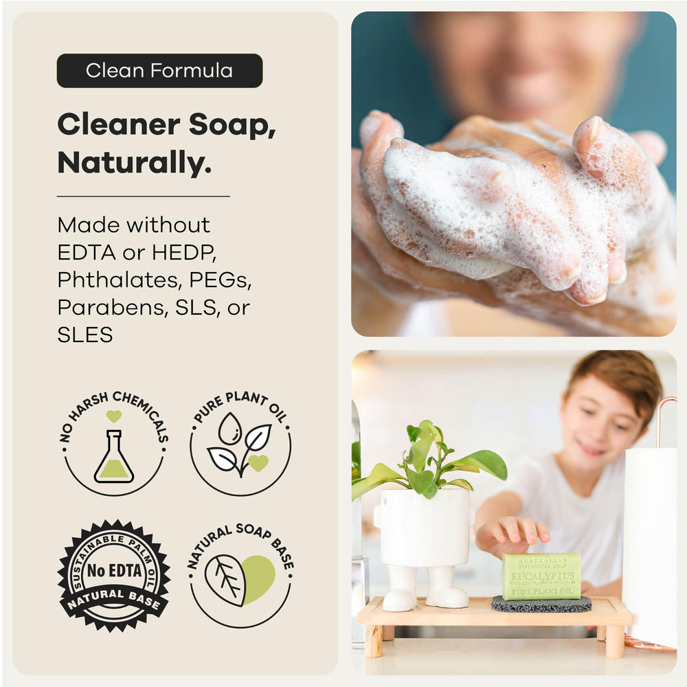 Australian Botanical Soap comparación de tamaño junto a una botella para mostrar 187 g