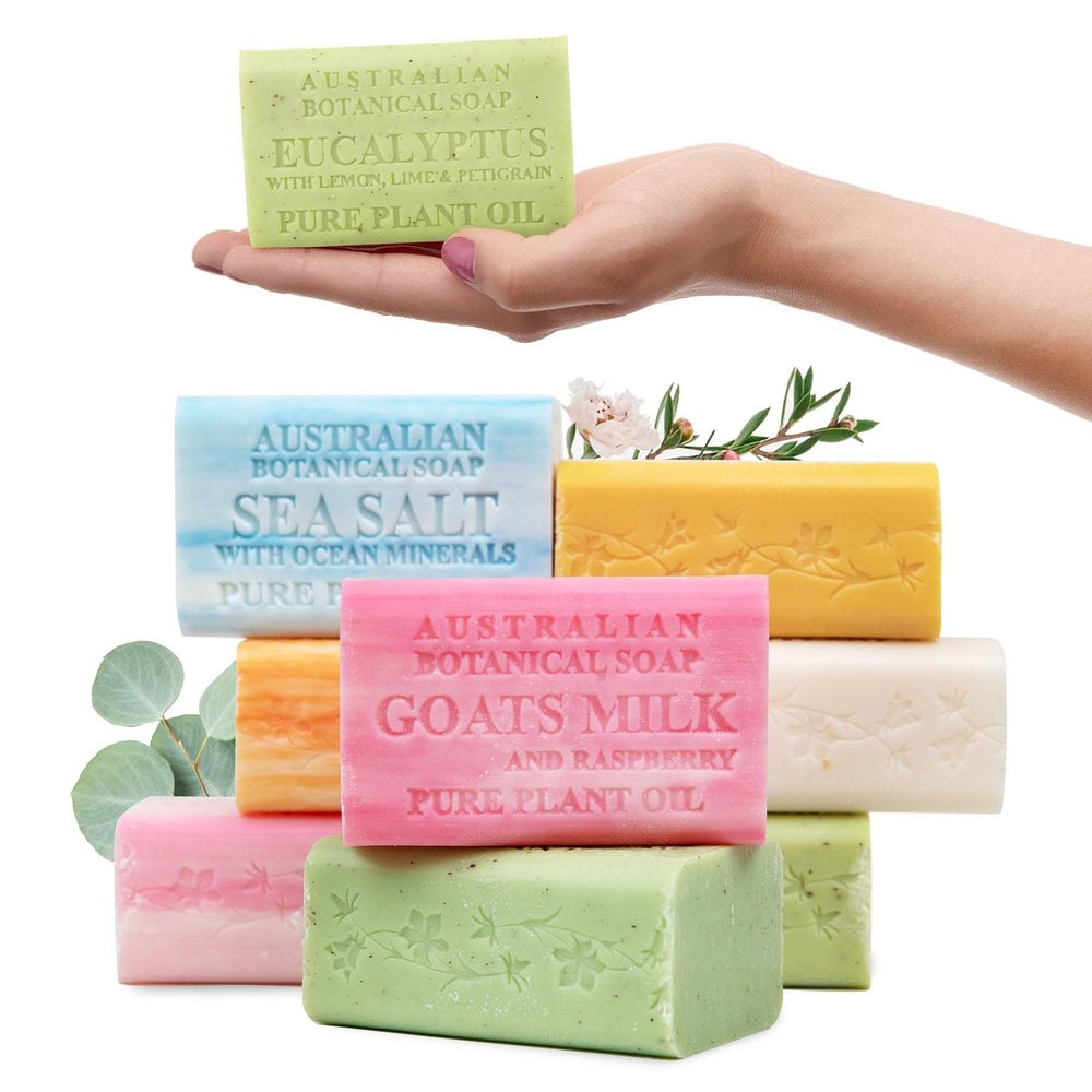 Australian Botanical Soap pack frontal mostrando las ocho barras, ahorro y variedad