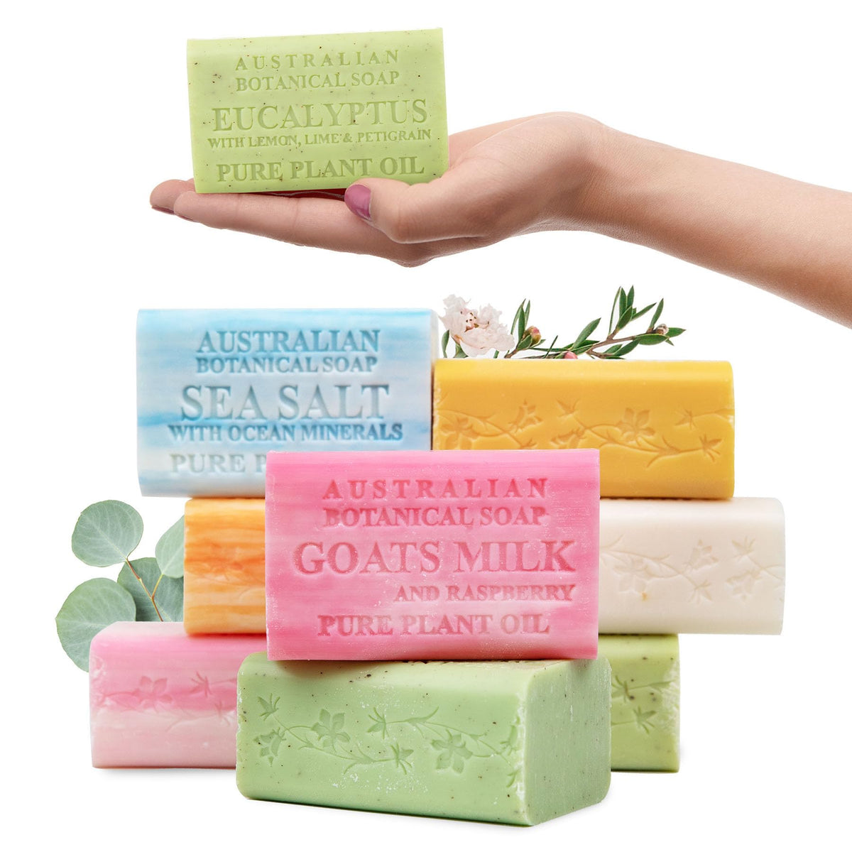 Australian Botanical Soap pack frontal mostrando las ocho barras, ahorro y variedad