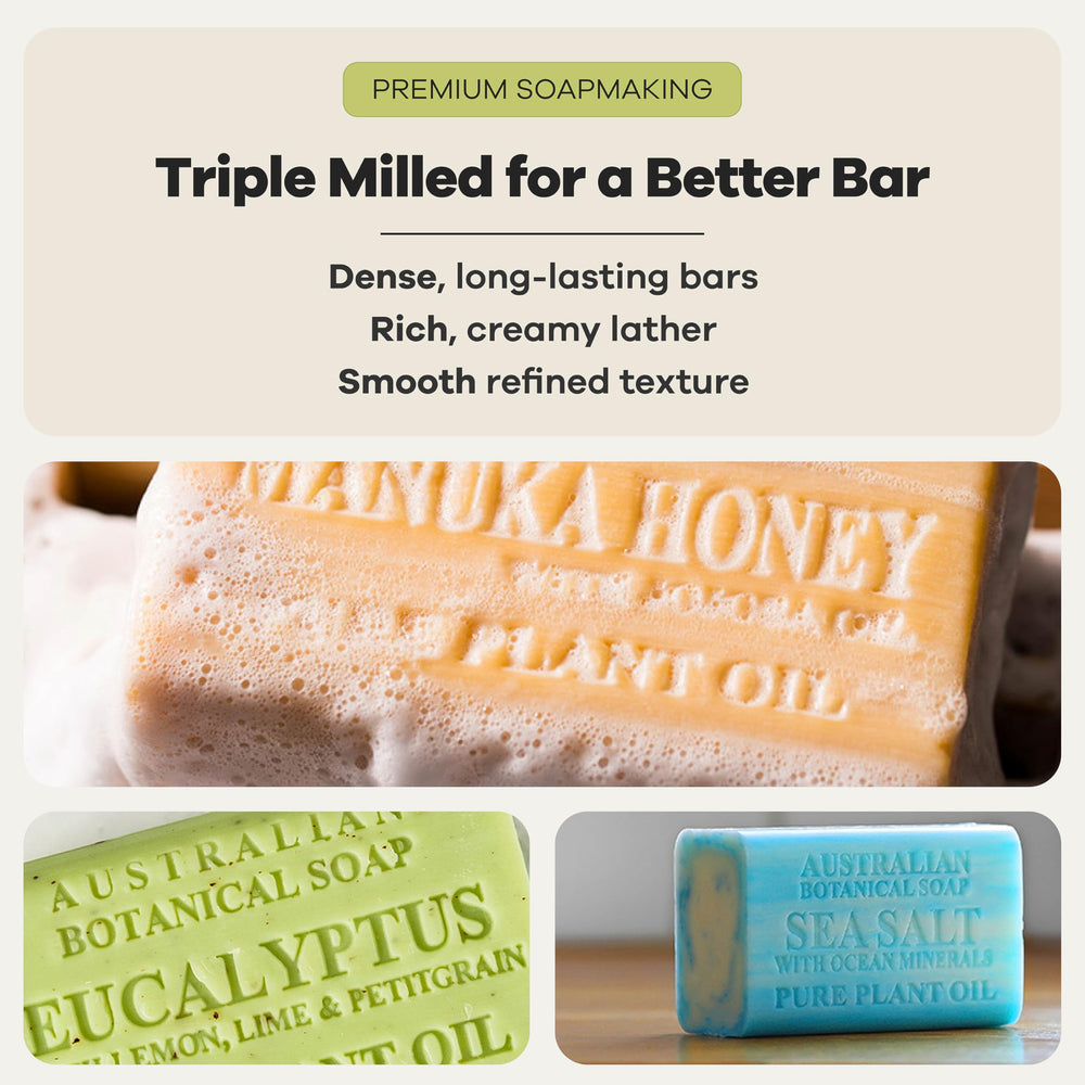 Australian Botanical Soap barra en uso bajo la ducha con espuma limpiadora abundante