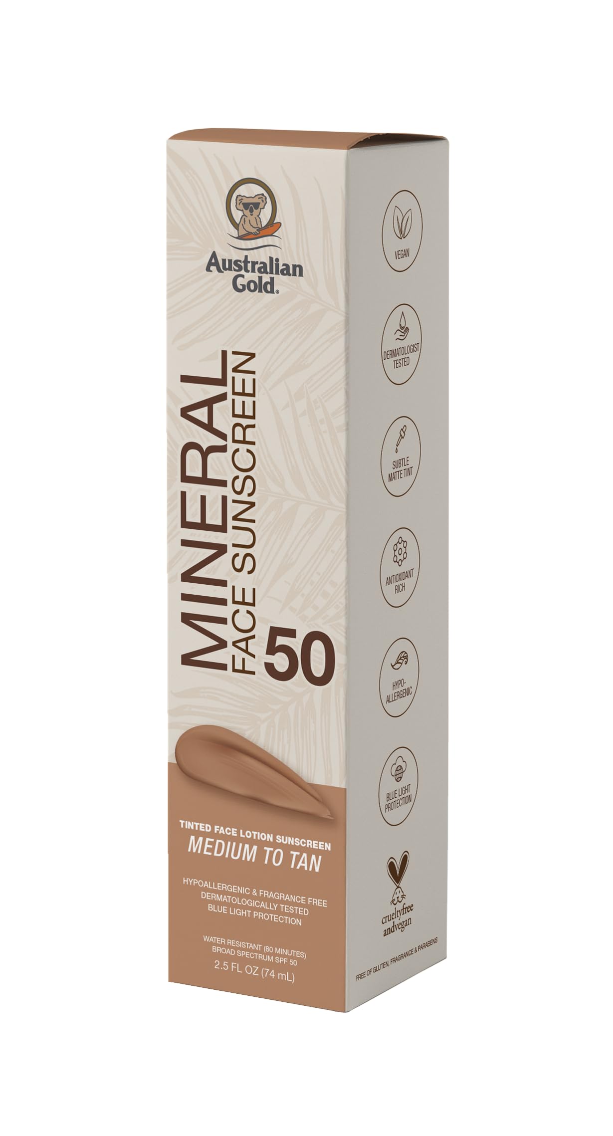 Australian Gold etiqueta con ingredientes activos y beneficios visibles