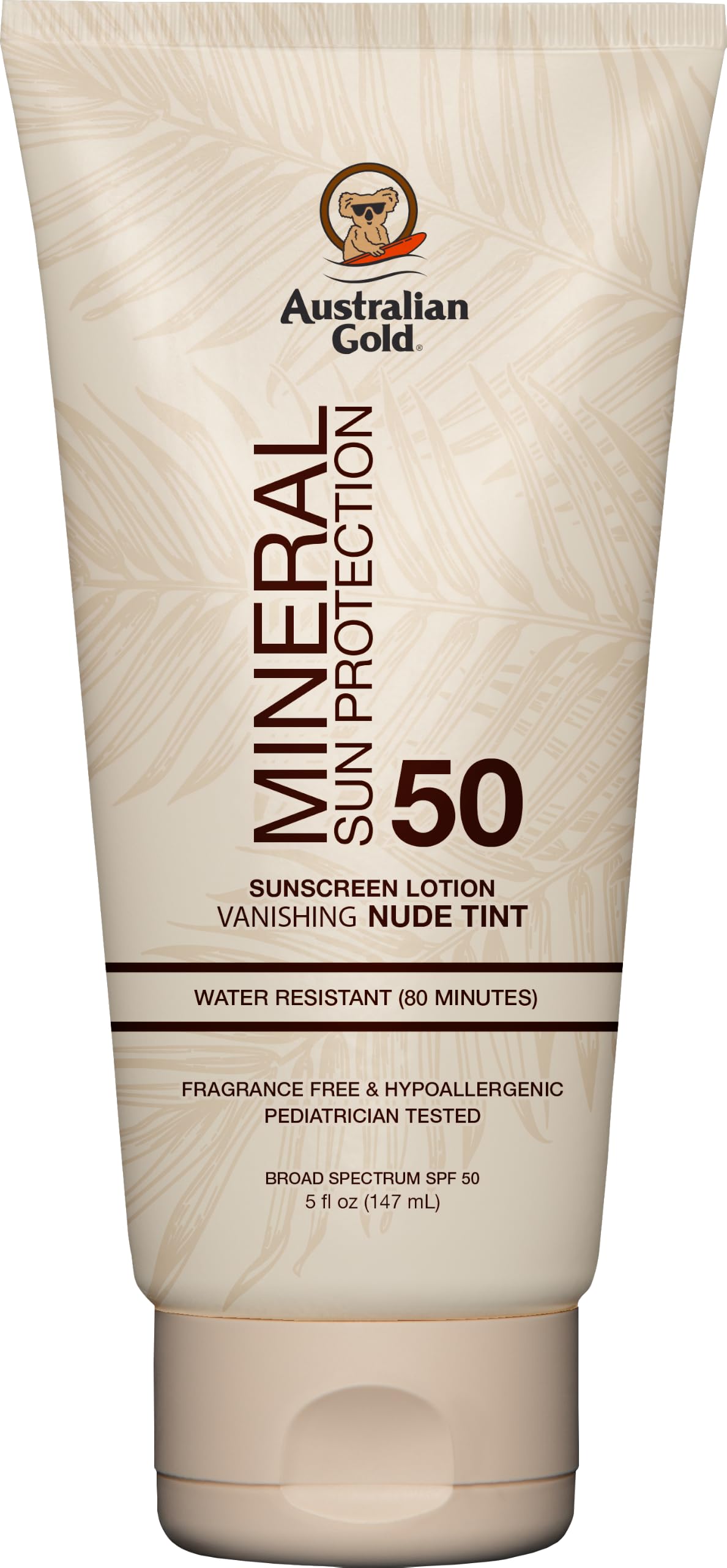 Australian Gold envase frontal mostrando SPF 50 y tinte nude para aplicación fácil