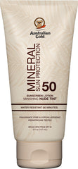 Australian Gold envase frontal mostrando SPF 50 y tinte nude para aplicación fácil