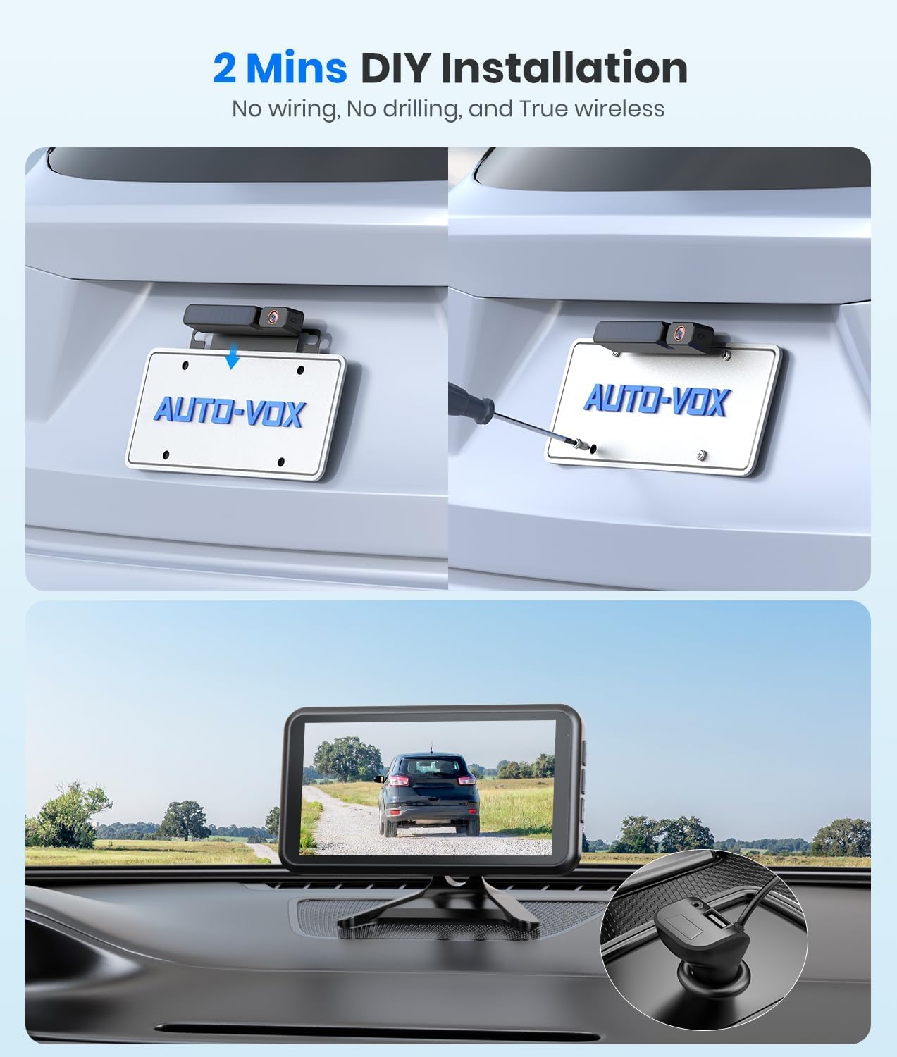 AUTO-VOX primer plano de la cámara mostrando calidad de construcción y durabilidad