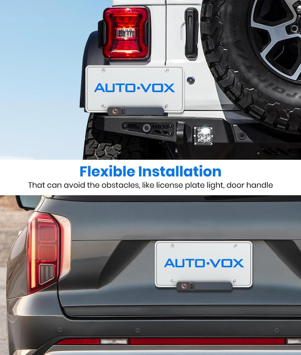 AUTO-VOX cámara junto a mano para comparar tamaño y facilidad de montaje